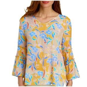 ZAC & RACHEL Top Womens Size M Floral Bell Sleeve Gauzy Blouse Tunic Boho Pastel